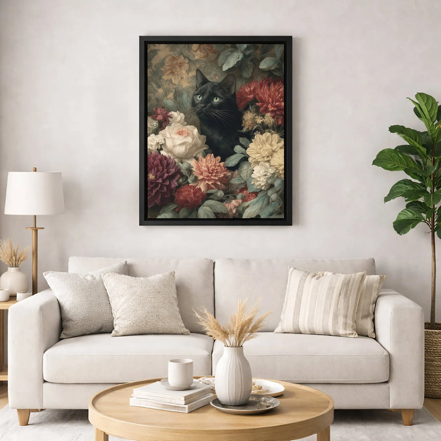 Black Cat Floral Canvas Wall Art | Moody Botanical Oil Painting Style | Premium Gallery Wrap | Gift For Cat Lovers & Home Decor Enthusiasts