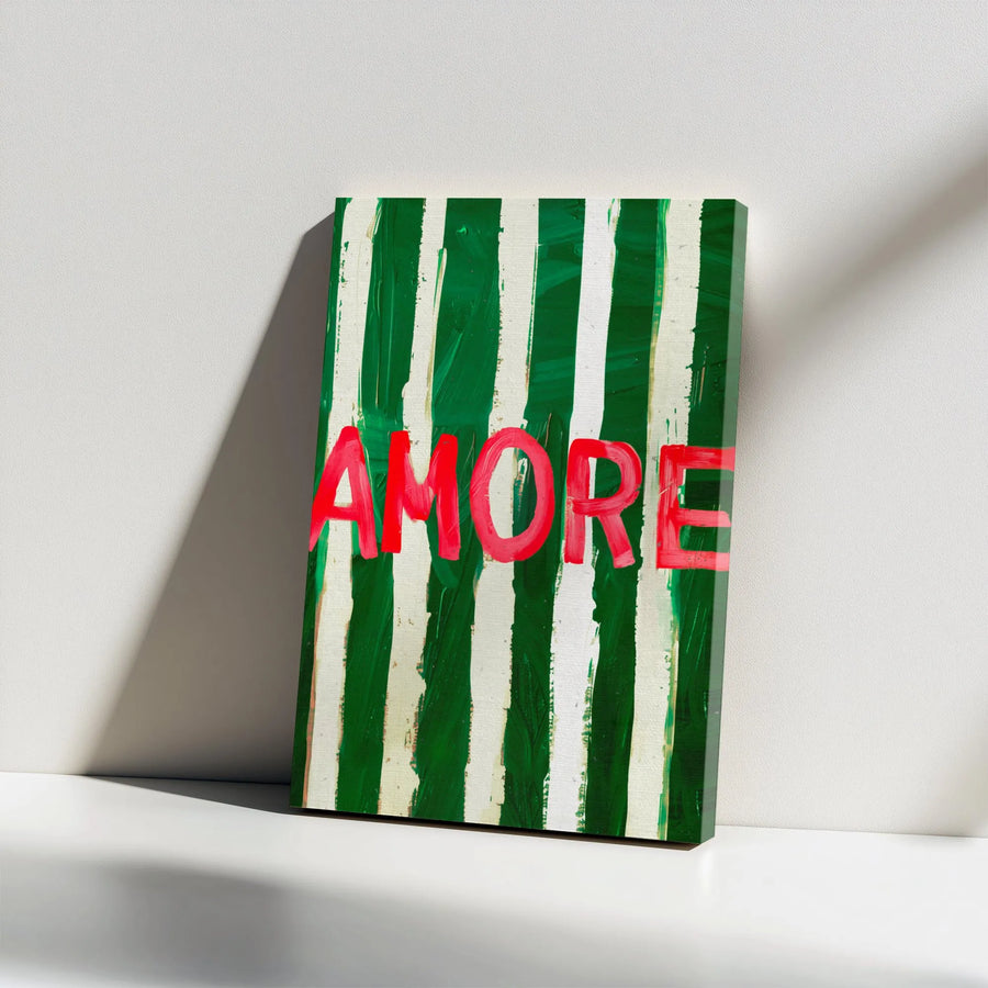 Amore Wall Art Canvas | Modern Abstract Green And White Striped Painting | Premium Gallery-Wrapped Print | Romantic Home Decor Gift