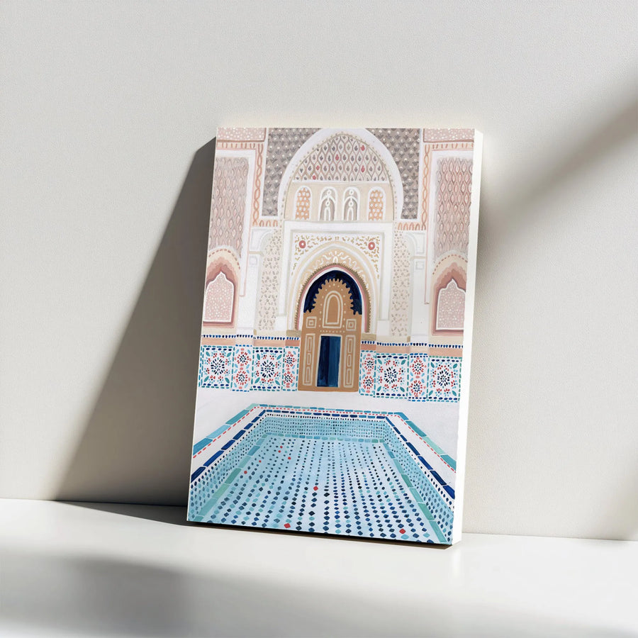 Moroccan Riad Canvas Wall Art | Watercolor Courtyard with Blue Mosaic Pool | 1.25” Gallery Wrap | Premium Travel Decor Gift