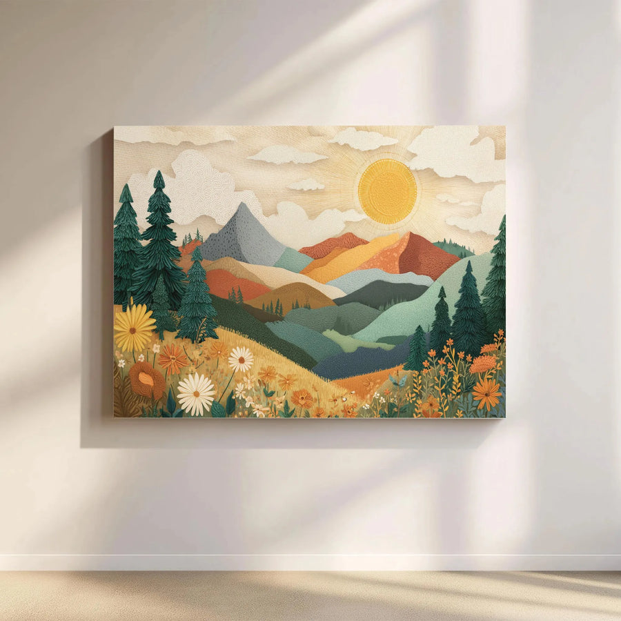 Boho Mountain Landscape Canvas Wall Art | Retro Wildflower Meadow Print | Premium Textured Art | Gift for Nature Lover, Living Room Decor