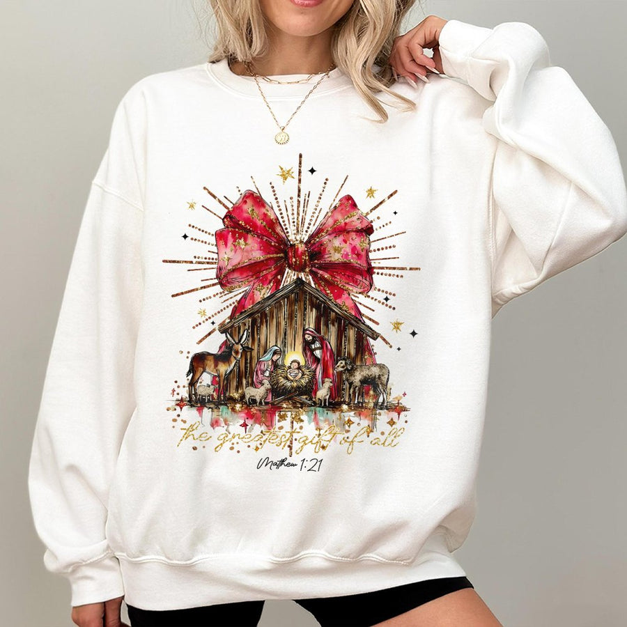 Nativity Christmas Sweatshirt | The Greatest Gift Of All Religious Graphic | Premium Cotton Blend | Faith Inspired Holiday Gift For Christian Women
