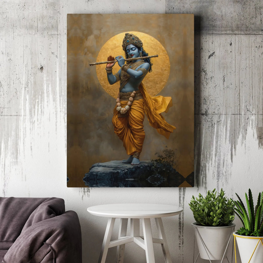 Lord Krishna Playing Flute Wall Art | Spiritual Golden Halo Hindu Deity Canvas | Premium Gallery-Wrapped Print | Devotional Home Decor Gift