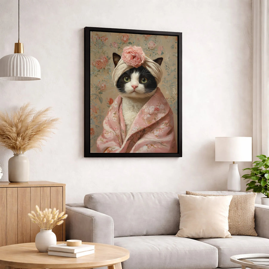 Cat Wall Art | Whimsical Spa Day Portrait in Pink Floral Robe | Premium 1.25" Gallery Canvas | Unique Bathroom Decor Gift for Cat Lovers