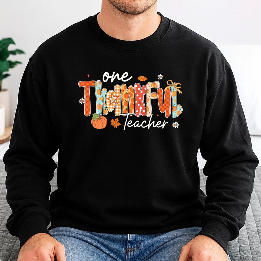 One Thankful Teacher Sweatshirt | Preppy Fall Pumpkin Design | Premium Cotton-Poly Blend | Cute Thanksgiving Teacher Gift for Women