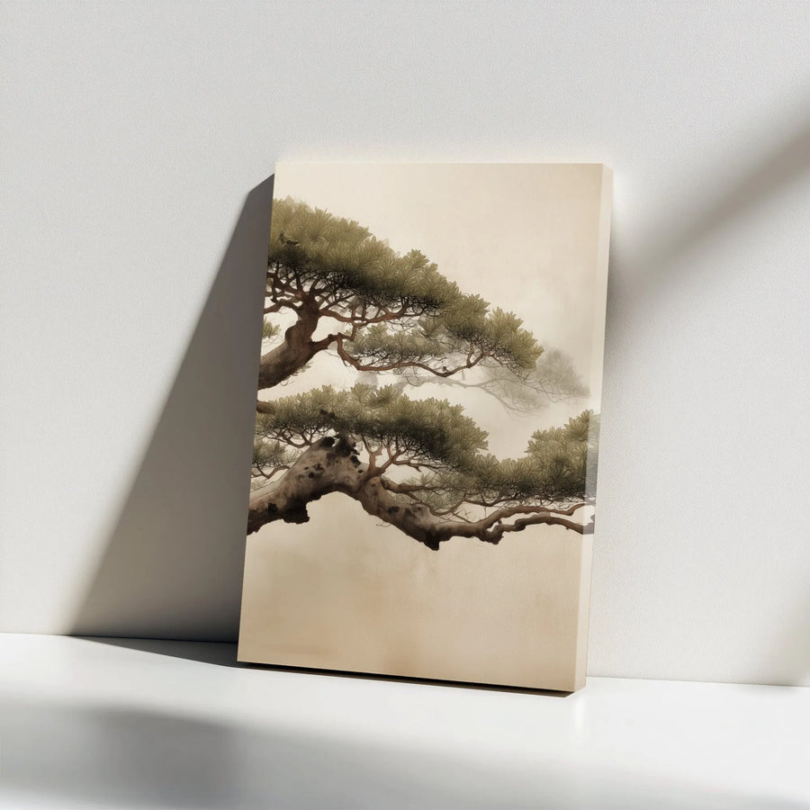 Japanese Pine Tree Vertical Canvas | Minimalist Sumi-e Art Print | Premium Thick Gallery Wrap | Zen Decor for Living Room & Office Gift