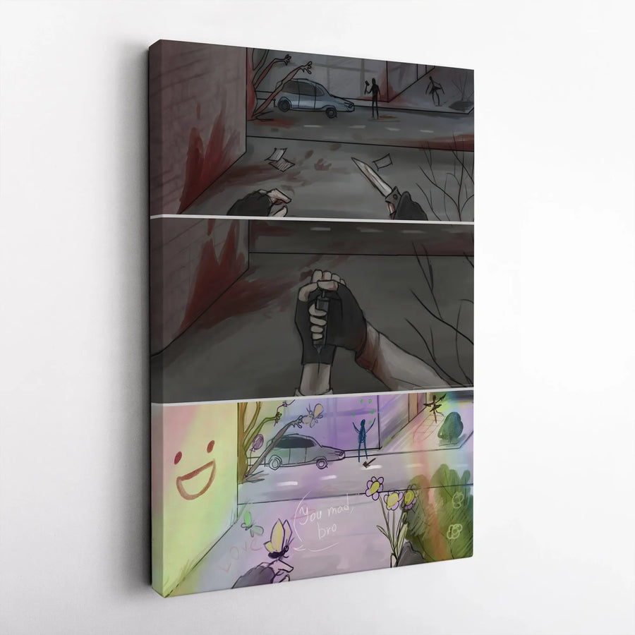 Duality Comic Canvas Wall Art | Post-Apocalyptic vs Whimsical Contrast | Premium Fade-Resistant Print | Dark Humor Home Decor Gift