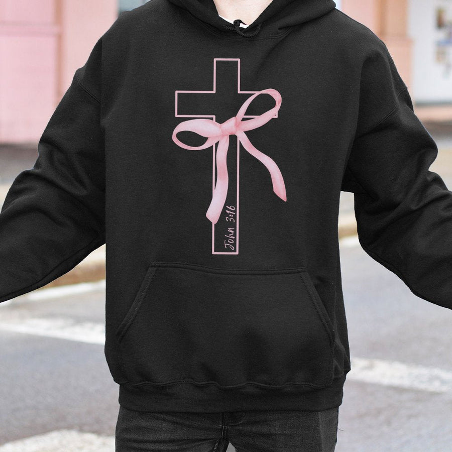 Coquette Christian Hoodie | Pink Ribbon Cross Bible Verse John 3:16 | Premium Cotton Blend | Aesthetic Religious Gift for Women