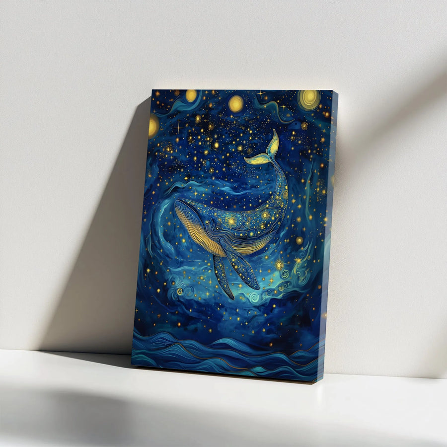Celestial Whale Vertical Canvas | Dreamy Cosmic Ocean Illustration | Premium High-Resolution Print | Modern Living Room Wall Art Gift