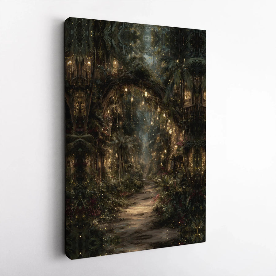 Enchanted Forest Canvas Wall Art | Whimsical Fairy Tale Path with Glowing Lanterns | Premium Gallery Wrapped | Magical Home Decor Gift for Her