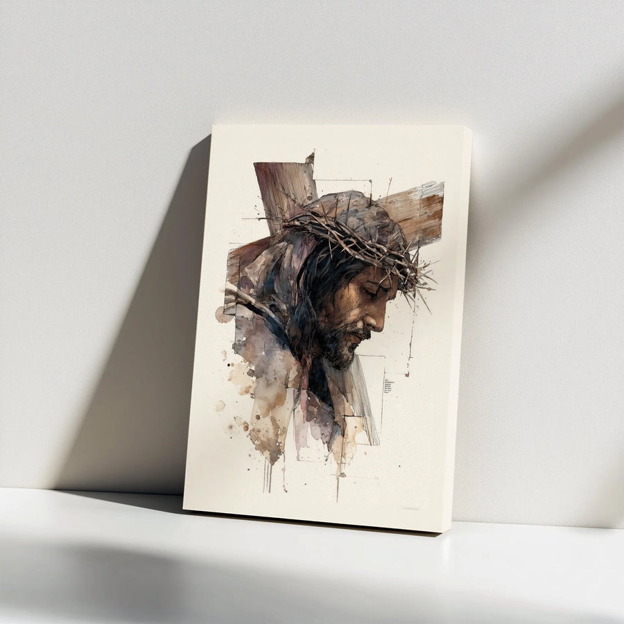 Jesus Christ Canvas Wall Art | Watercolor Sketch with Crown of Thorns | Premium Canvas Print | Inspirational Christian Home Decor Gift