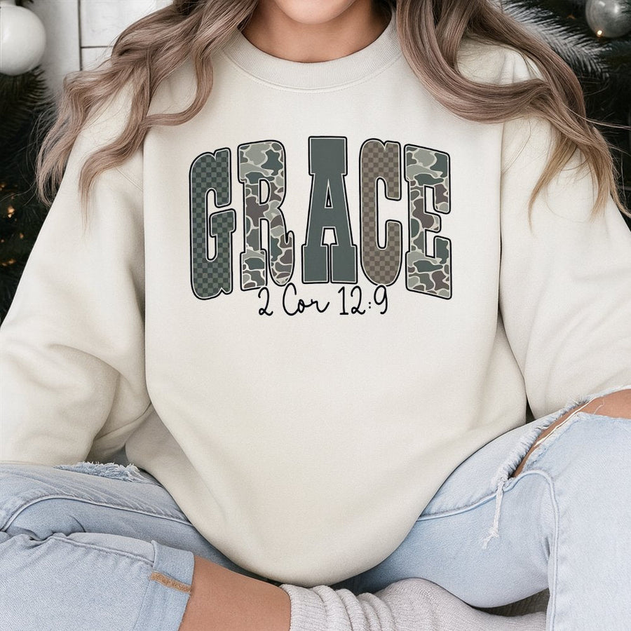 Grace Bible Verse Sweatshirt | Camo Print Christian Apparel | Premium Cotton Blend | Faith Based Religious Gift for Women and Men