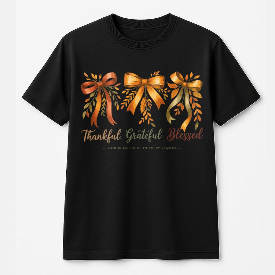 Thankful Grateful Blessed T-Shirt | Fall Aesthetic Coquette Bows Design | 100% Premium Cotton | Christian Thanksgiving Gift for Her