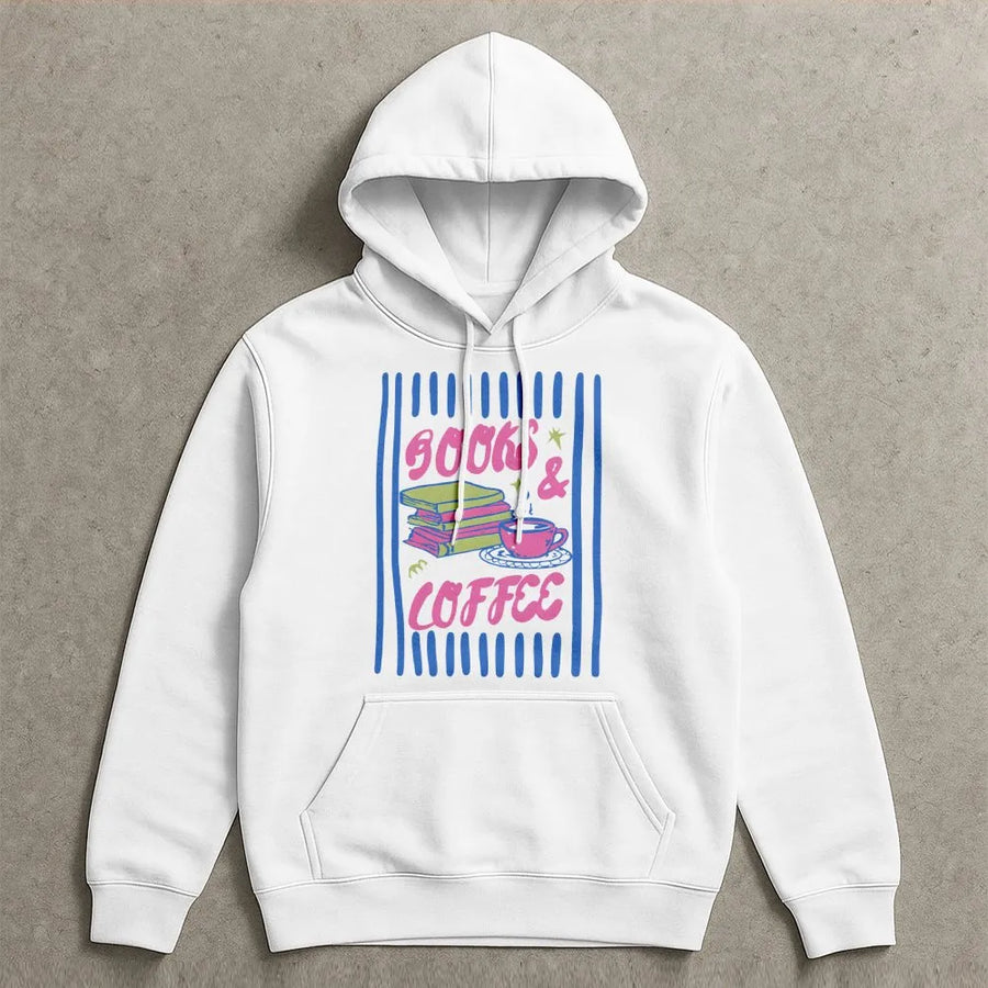 Retro Books and Coffee Hoodie | Graphic Tee for Bookworms | Premium Soft Cotton | Book Lover and Reader Gift