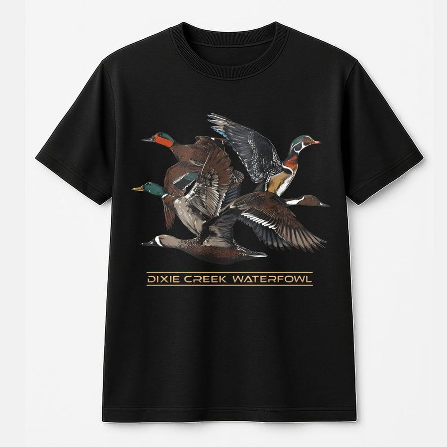 Dixie Creek Waterfowl Duck Hunting T-Shirt | Vintage Style Mallard Bird Graphic | Premium 100% Cotton Soft Apparel | Nature Lover Gift for Outdoorsmen