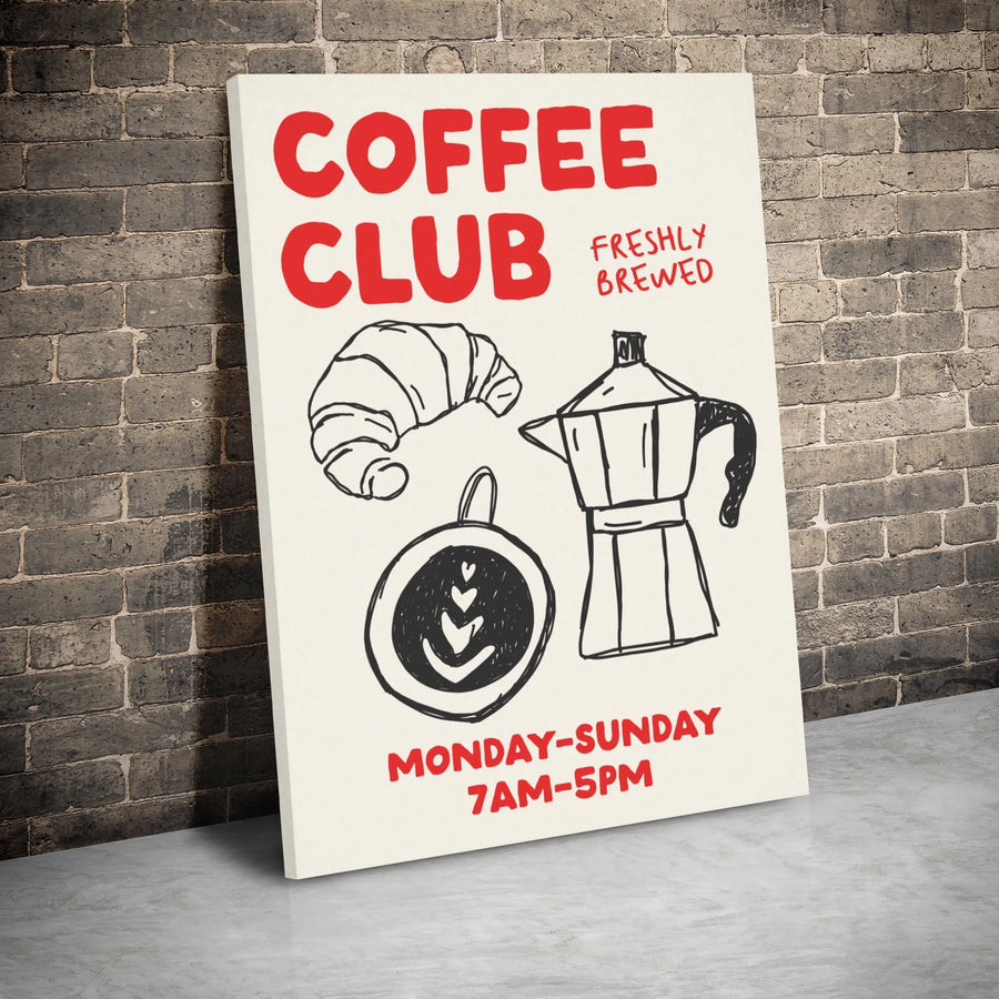 Coffee Club Canvas Wall Art | Doodle Sketch Moka Pot and Croissant | Premium 1.25 Inch Gallery Wrap | Cafe Decor for Kitchen or Coffee Bar