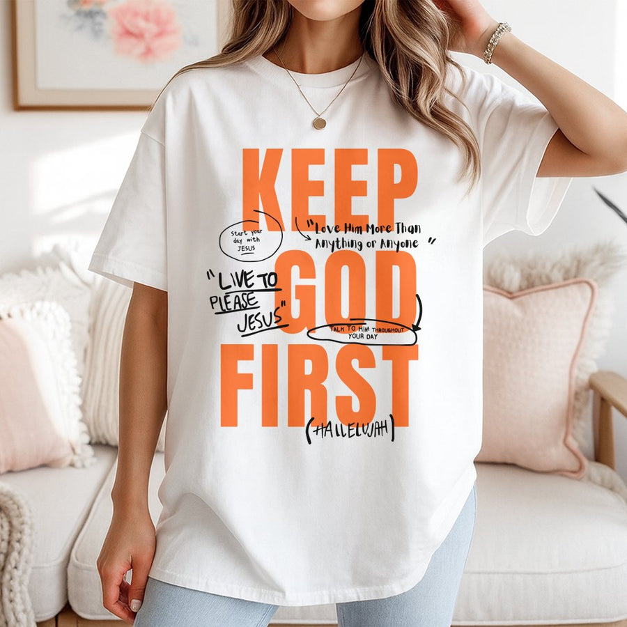 Keep God First T-Shirt | Christian Faith Typography Design | Premium 100% Cotton Tee | Inspirational Religious Gift for Men and Women