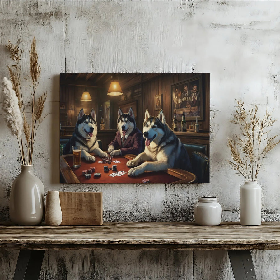 Siberian Husky Poker Canvas Print | Dogs Playing Poker Wall Art | Premium Gallery Wrap Decor | Unique Gift for Dog Lovers & Gamers