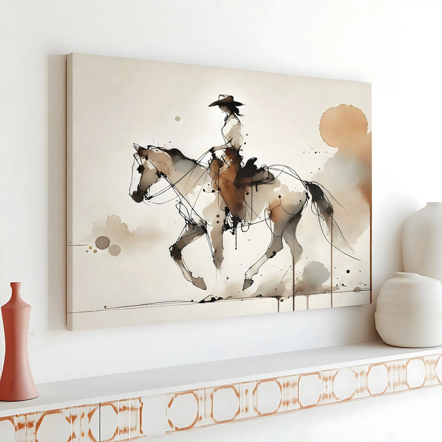 Cowgirl on Horse Canvas Wall Art | Abstract Watercolor Western Decor | Premium Gallery Wrap Print | Southwestern Home Office Gift