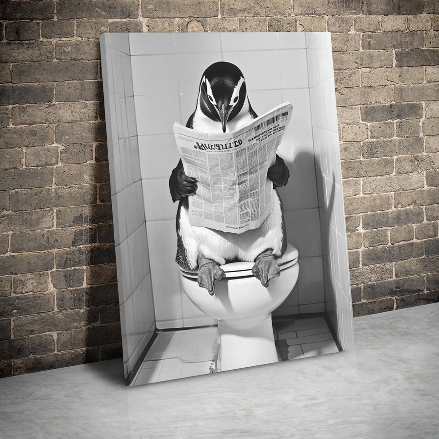 Funny Penguin on Toilet Canvas Print | Black and White Bathroom Wall Art | Premium Gallery Wrap Decor | Quirky Animal Portrait for Home and Office