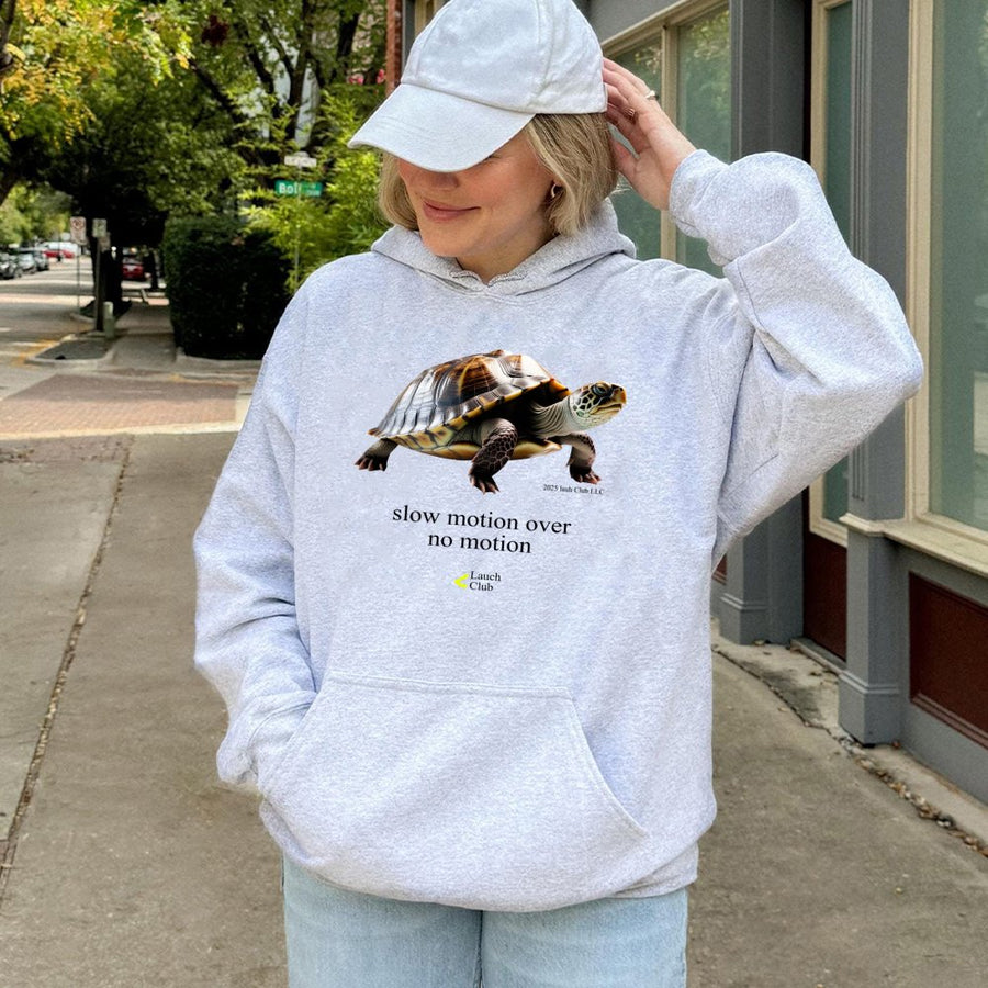 Slow Motion Turtle Graphic Hoodie | Inspirational Quote Motivational Streetwear | Premium Cotton Blend | Unisex Casual Gift For Nature Lovers