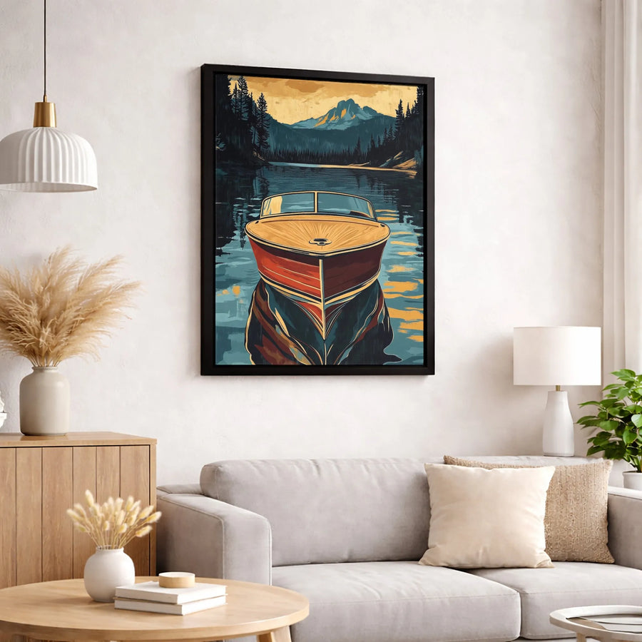 Vintage Wooden Motorboat Canvas Art | Mountain Lake Landscape Print | 1.25 Inch Premium Gallery Wrap | Nautical Home Decor Gift