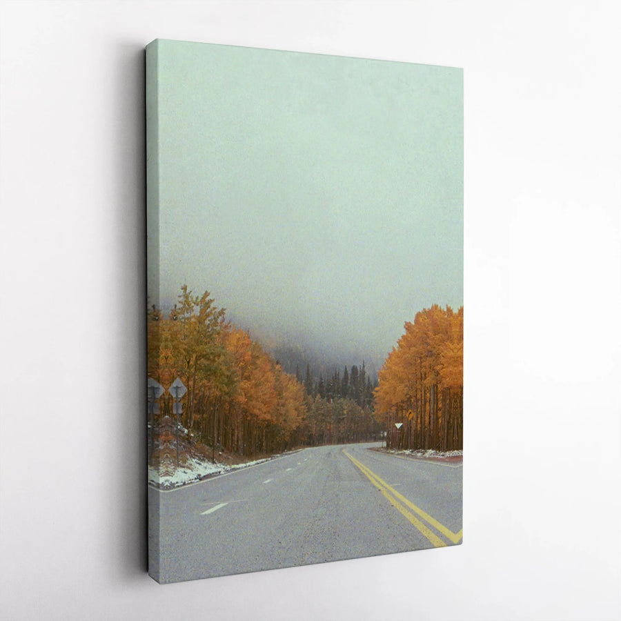 Autumn Forest Road Canvas | Foggy Golden Trees Landscape | 1.25 Inch Gallery Wrap | Fall Home Decor Wall Art