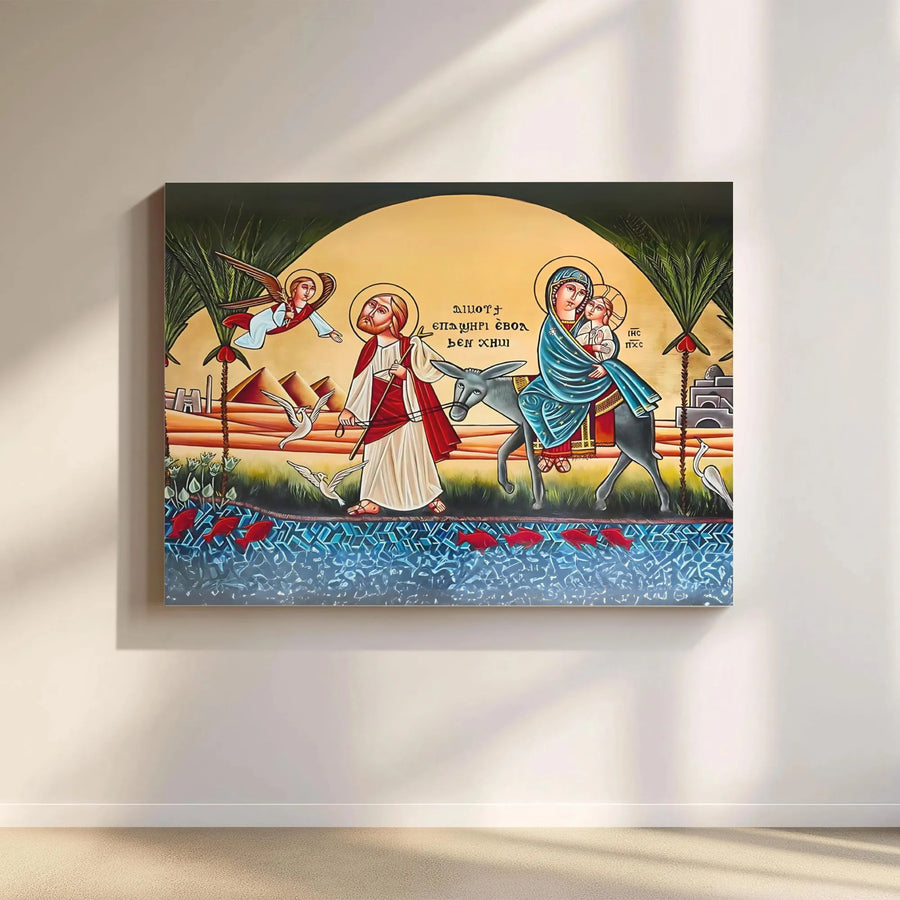 Coptic Icon Holy Family Wall Art | Flight To Egypt Orthodox Religious Painting | Premium Gallery Wrap Canvas | Christian Home Decor Gift