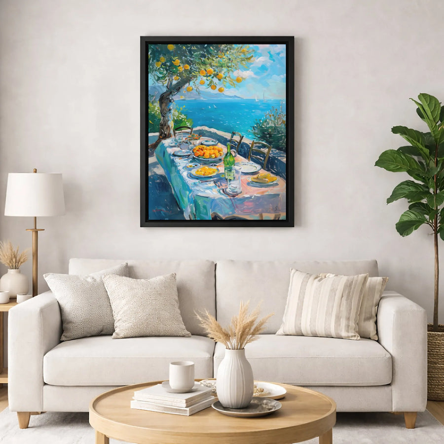 Mediterranean Seaside Dining Canvas Print | Amalfi Coast Lemon Tree Oil Painting Style | Premium Gallery Wrap Wall Art | Coastal Kitchen Home Decor Gift