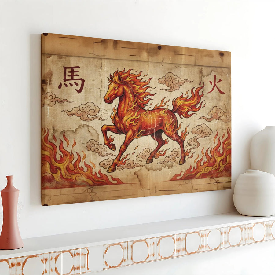 Fire Horse Wall Art | Chinese Zodiac Year of the Horse Canvas | Premium Gallery Wrap Decor | Mythical Animal Home Office Gift