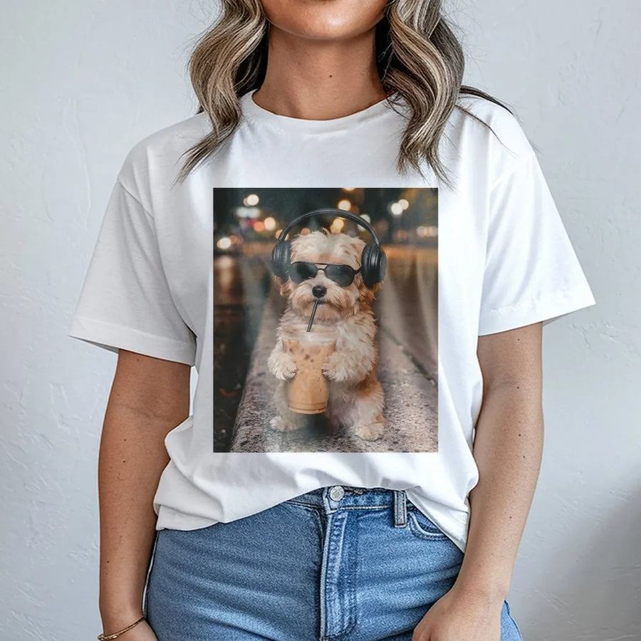Funny Havanese T-Shirt | Dog with Headphones Drinking Coffee Meme | Soft Cotton Graphic Tee | Gift for Dog Mom Lover