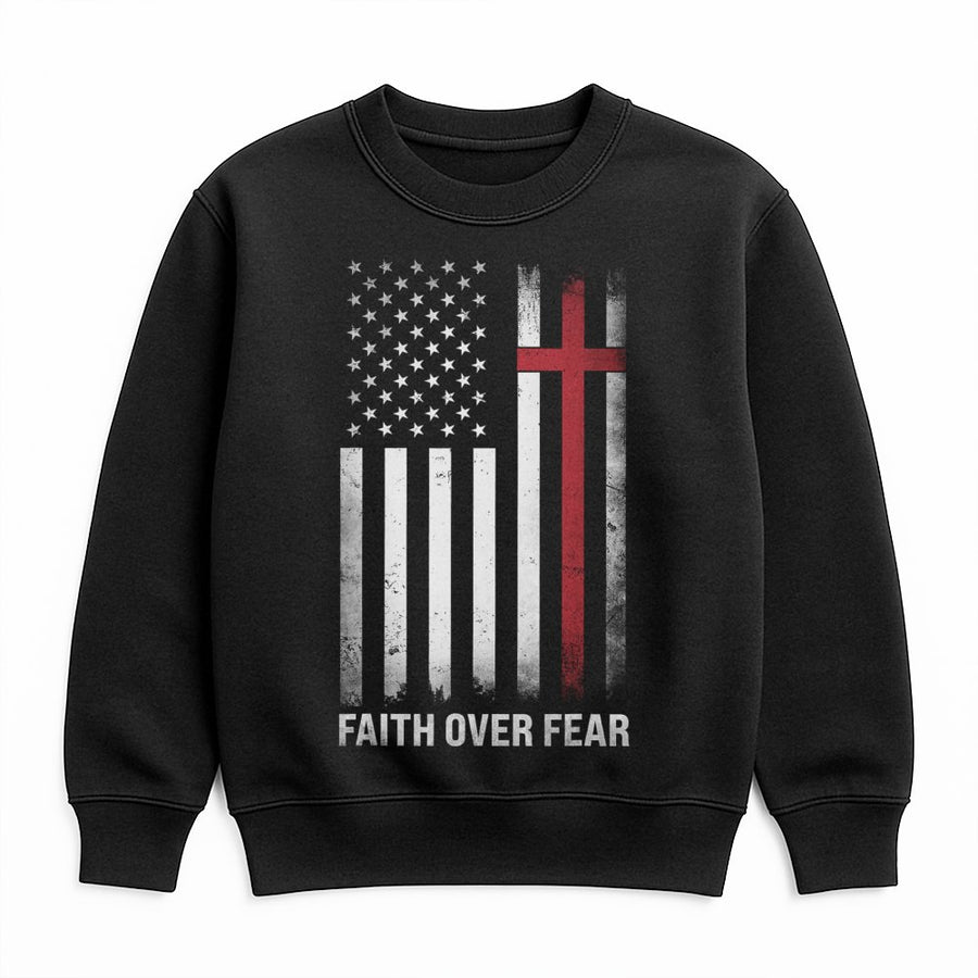 Faith Over Fear Sweatshirt | American Flag Cross Graphic | Premium Cotton Blend Crewneck | Christian Patriot Gift for Men and Women