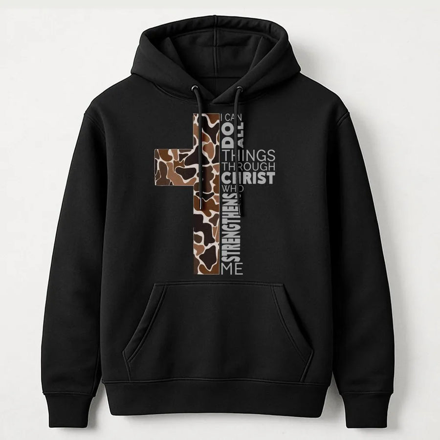 I Can Do All Things Through Christ Hoodie | Leopard Print Cross Design | Premium Cotton Blend | Christian Gift For Her Faith Apparel