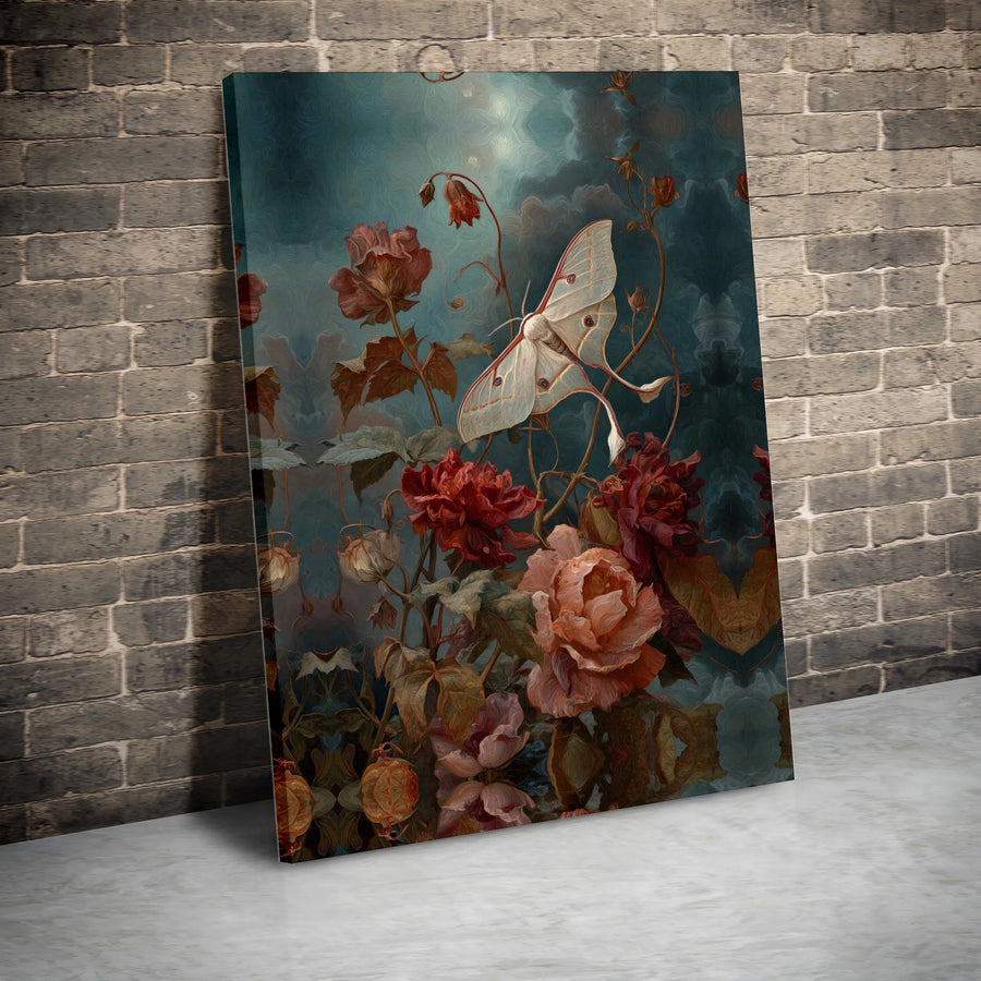 Luna Moth Wall Art | Vintage Dark Floral Botanical Oil Painting Print | Gallery-Quality 1.25" Canvas | Moody Nature Decor for Home or Office