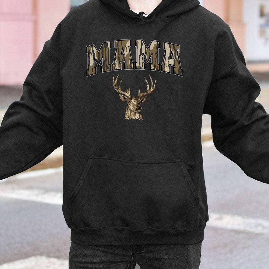 Mama Hunting Hoodie | Camo Deer Antler Graphic Design | Premium Cotton-Poly Blend | Outdoorsy Mom Mother's Day 2026 Gift