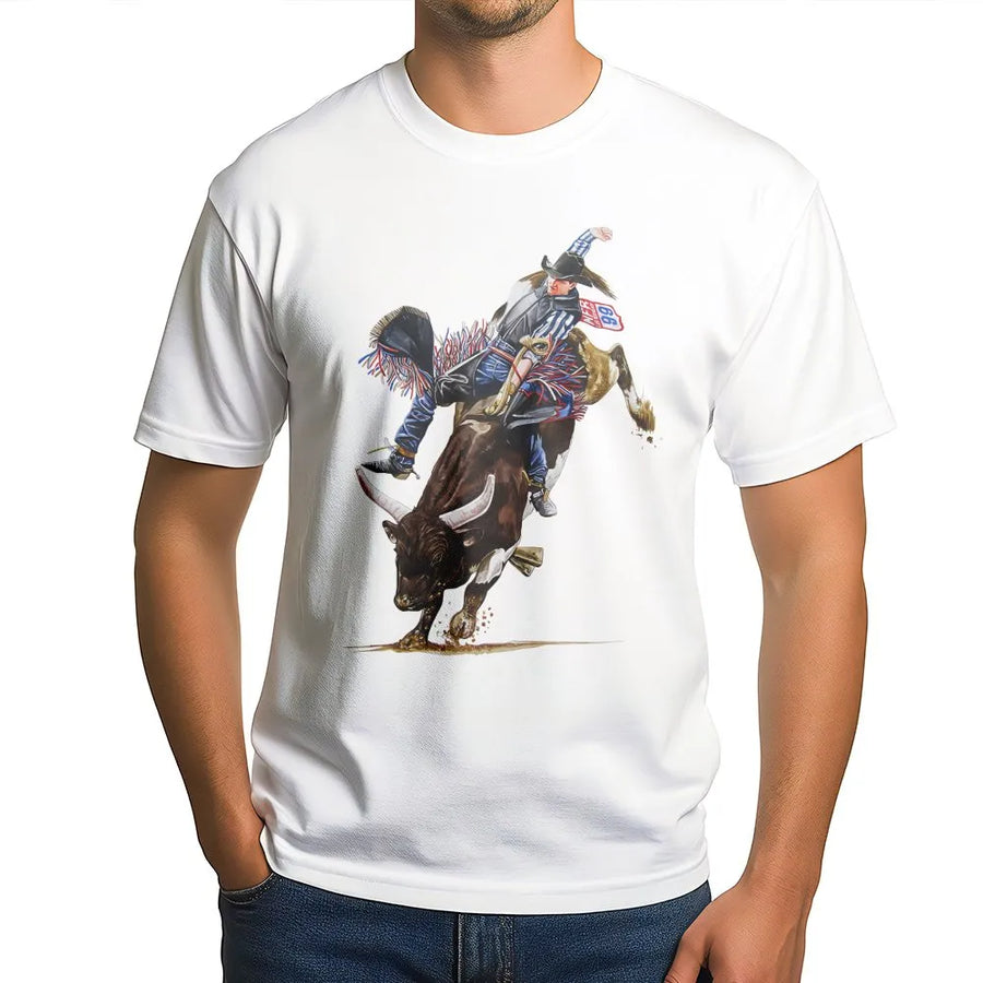Rodeo Bull Riding T-Shirt | Western Cowboy Action Graphic | 100% Cotton Premium Tee | Country Western Gift For Men And Women