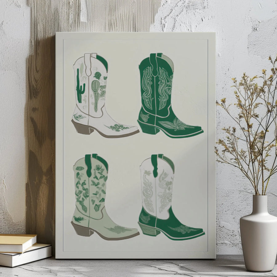 Western Cowboy Boots Canvas Print | Sage Green Cactus Boho Wall Art | Premium Gallery Wrapped Decor | Southwestern Farmhouse Home Gift