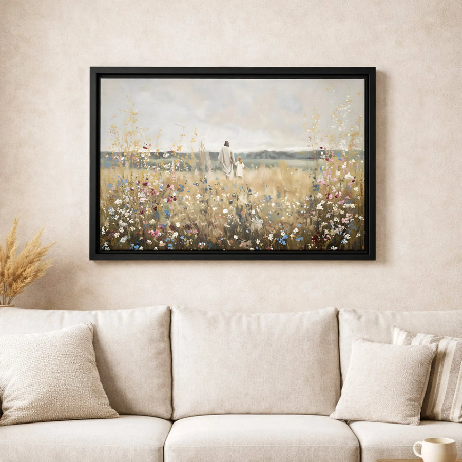 Jesus Walking With Child Canvas Print | Floral Field Wall Art | Premium Gallery-Wrapped 1.25" Profile | Christian Home Decor Religious Gift