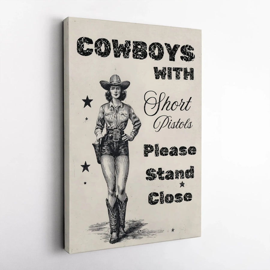 Cowgirl Pin-Up Wall Art | Western Cowboys With Short Pistols Quote | Premium Gallery Wrapped Canvas | Rustic Home Decor Gift