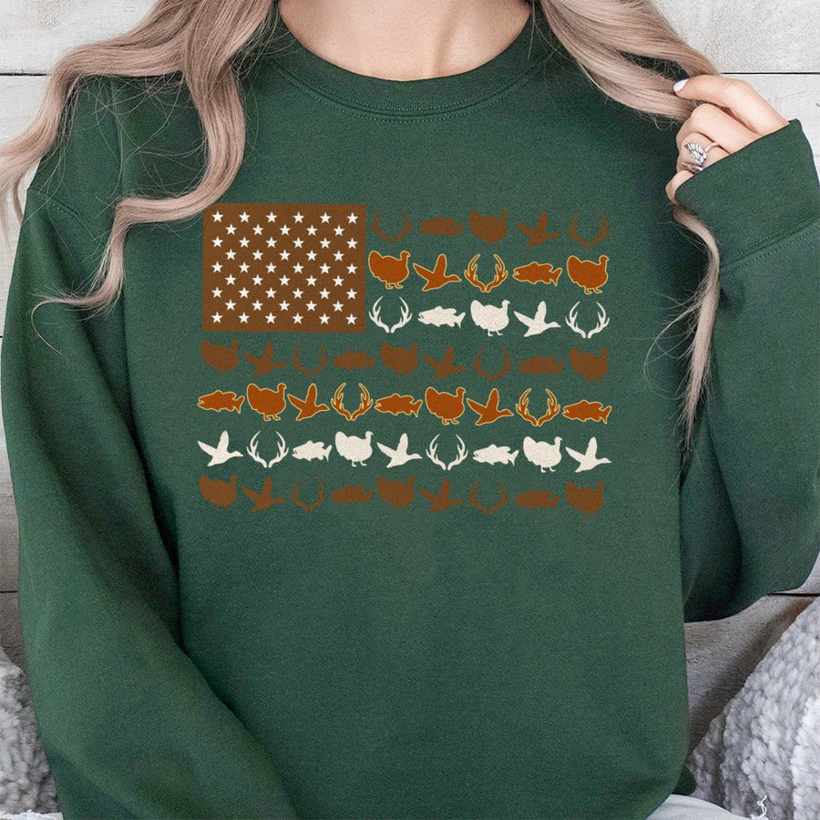 American Flag Wildlife Sweatshirt | Deer Duck Fish Hunting Graphic | Unisex Patriotic Outdoorsman Pullover | Gift for Hunter