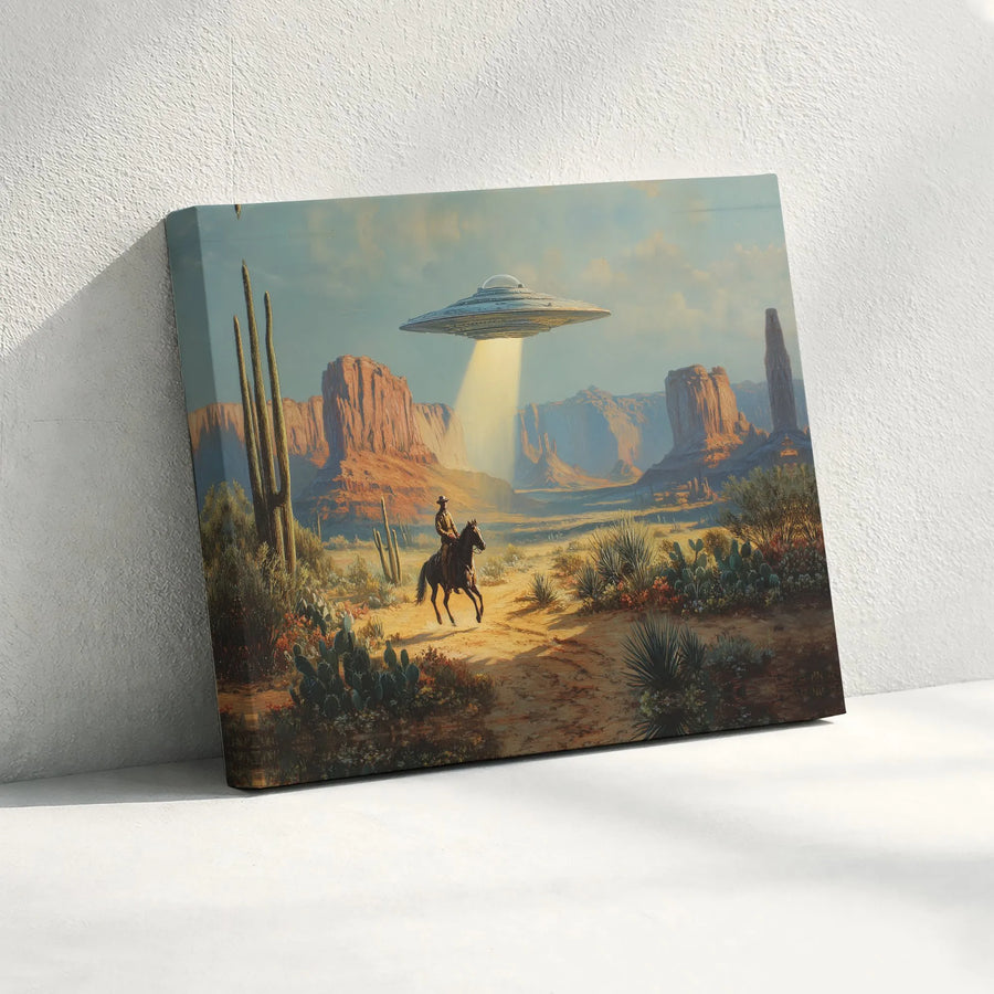 Cowboy UFO Canvas Wall Art | Surreal Alien Abduction Scene | Premium Gallery Wrap | Sci-Fi Fan Gift & Unique Home Decor