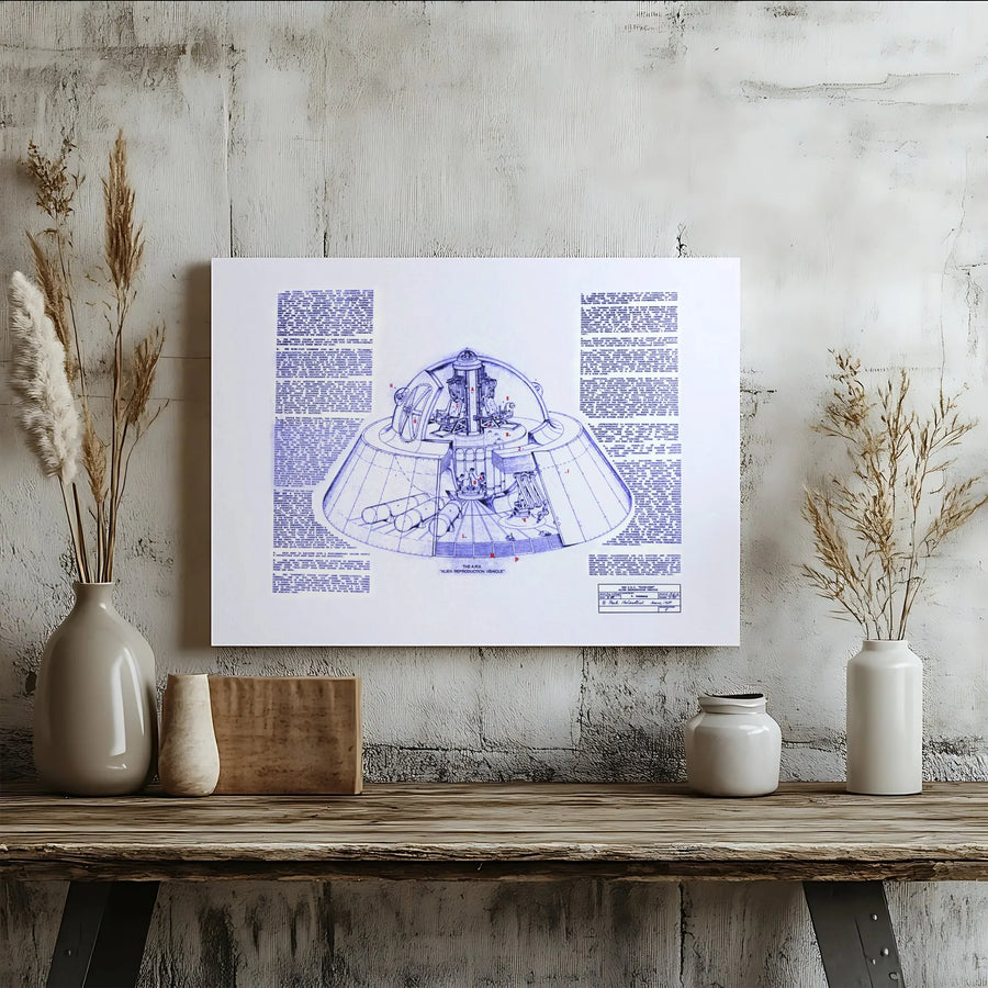 Alien Reproduction Vehicle Blueprint Canvas | UFO Schematic Wall Art | Premium Gallery Wrap Decor | Sci-Fi Collector Gift for Space Enthusiasts