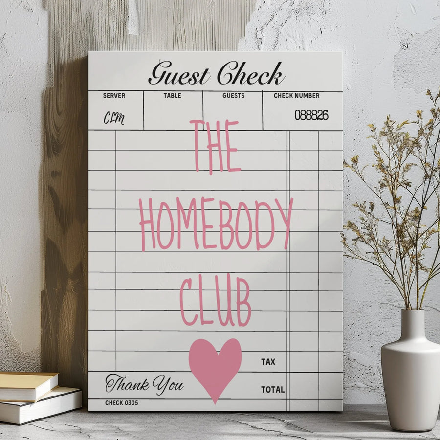 The Homebody Club Canvas Art | Restaurant Receipt Design with Pink Heart | Premium Gallery Wrap | Trendy Aesthetic Wall Decor for Bedroom