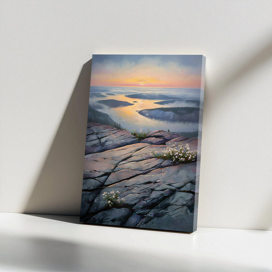 Mountain Sunset Vertical Canvas | Serene River Valley Painting Print | Premium 1.25" Gallery-Wrapped Wall Art | Gift for Nature Lovers