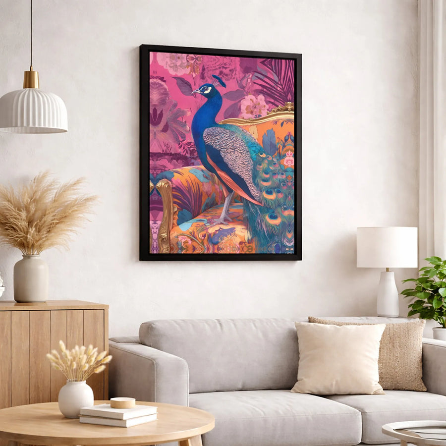 Vibrant Peacock Canvas Art | Maximalist Floral Chair Wall Decor | Premium 1.25" Gallery Wrap | Boho Aesthetic Home Office Gift