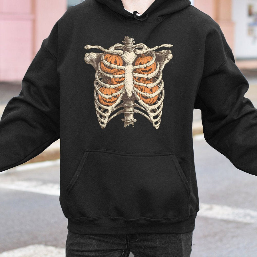 Skeleton Pumpkin Ribcage Hoodie | Retro Spooky Graphic | Premium Cotton Blend | Halloween Fall Gift for Women and Men