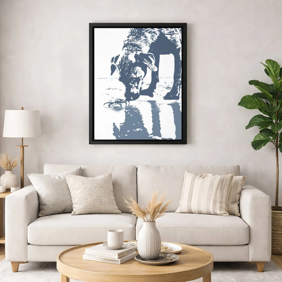Dog and Crab Beach Wall Art | Minimalist Coastal Animal Portrait | Premium Gallery-Wrapped Canvas Print | Gift for Dog Lovers & Beach House Decor