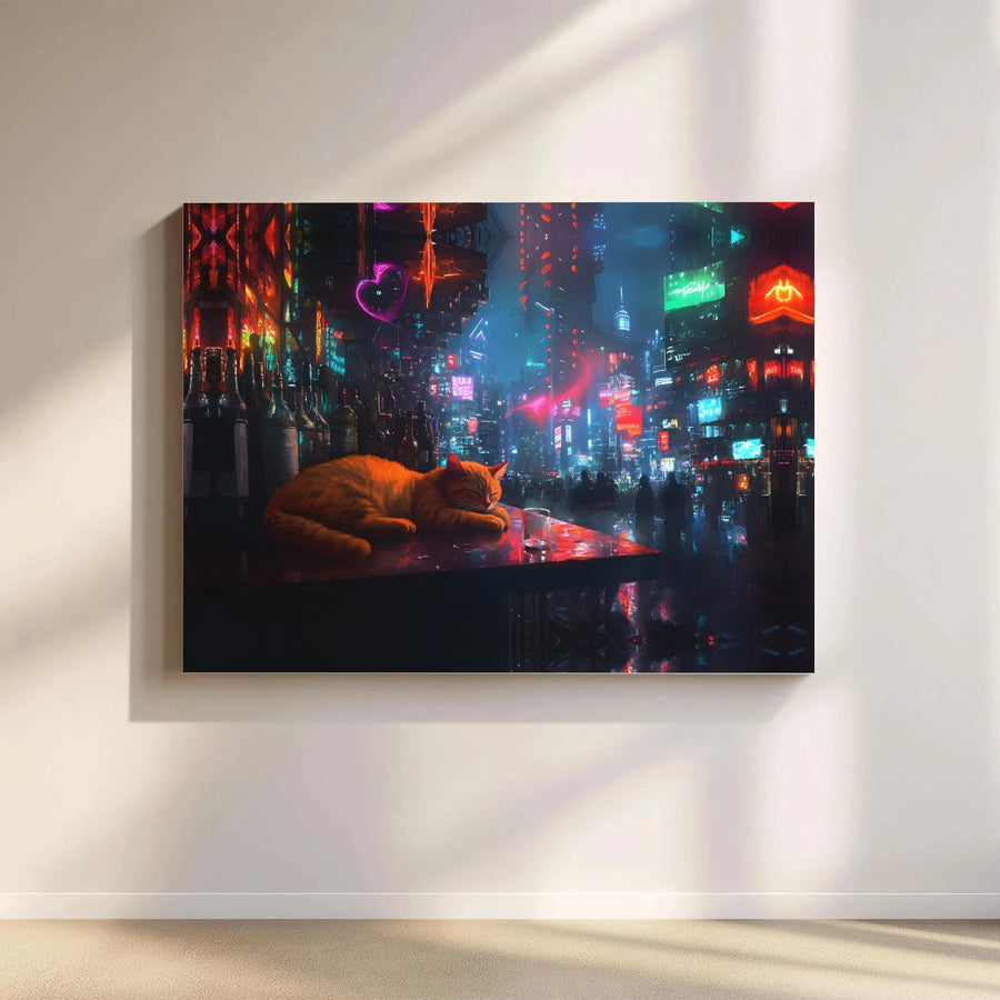 Cyberpunk Cat Canvas Wall Art | Sleeping Ginger Cat in Neon City | Premium Gallery Quality Print | Sci-Fi Gamer Room Decor Gift
