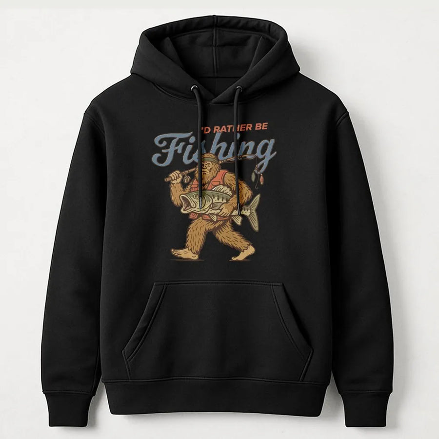 Sasquatch Fishing Hoodie | Retro I'd Rather Be Fishing Graphic | Premium Cotton Blend | Funny Gift for Fisherman and Cryptid Lovers