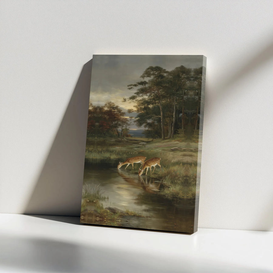 Vintage Deer Canvas Print | Forest Scene with Two Fawns Drinking | Premium Gallery Wall Art | Rustic Lodge & Cabin Decor Gift