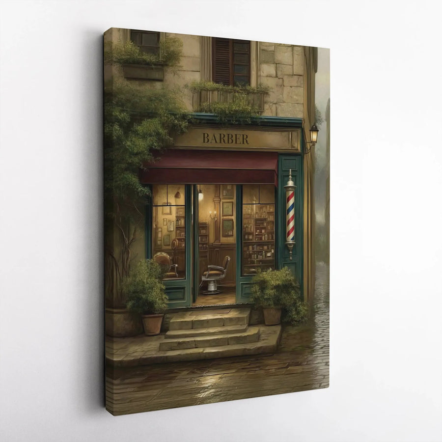 Vintage Barber Shop Canvas Wall Art | European Street Style Storefront Painting | Premium Gallery Wrap Print | Perfect Gift for Barbershop Decor